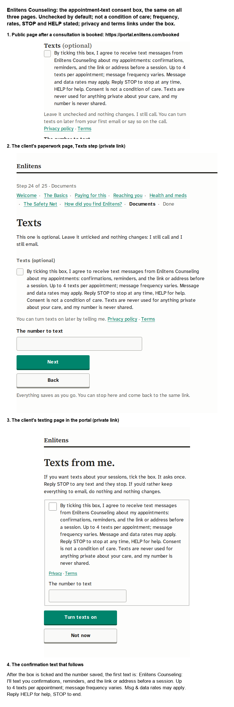 The consent box as it appears on the booked page, the paperwork page and the portal texting page, unchecked, with the number field and the links under it, and the confirmation text that follows